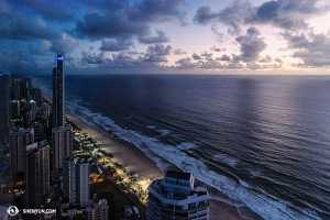 Still Down Under, performing at beautiful Gold Coast, Shen Yun World Company members caught this view of a new day from the 63rd floor of the hotel. (photo by dancer Lily Wang)
